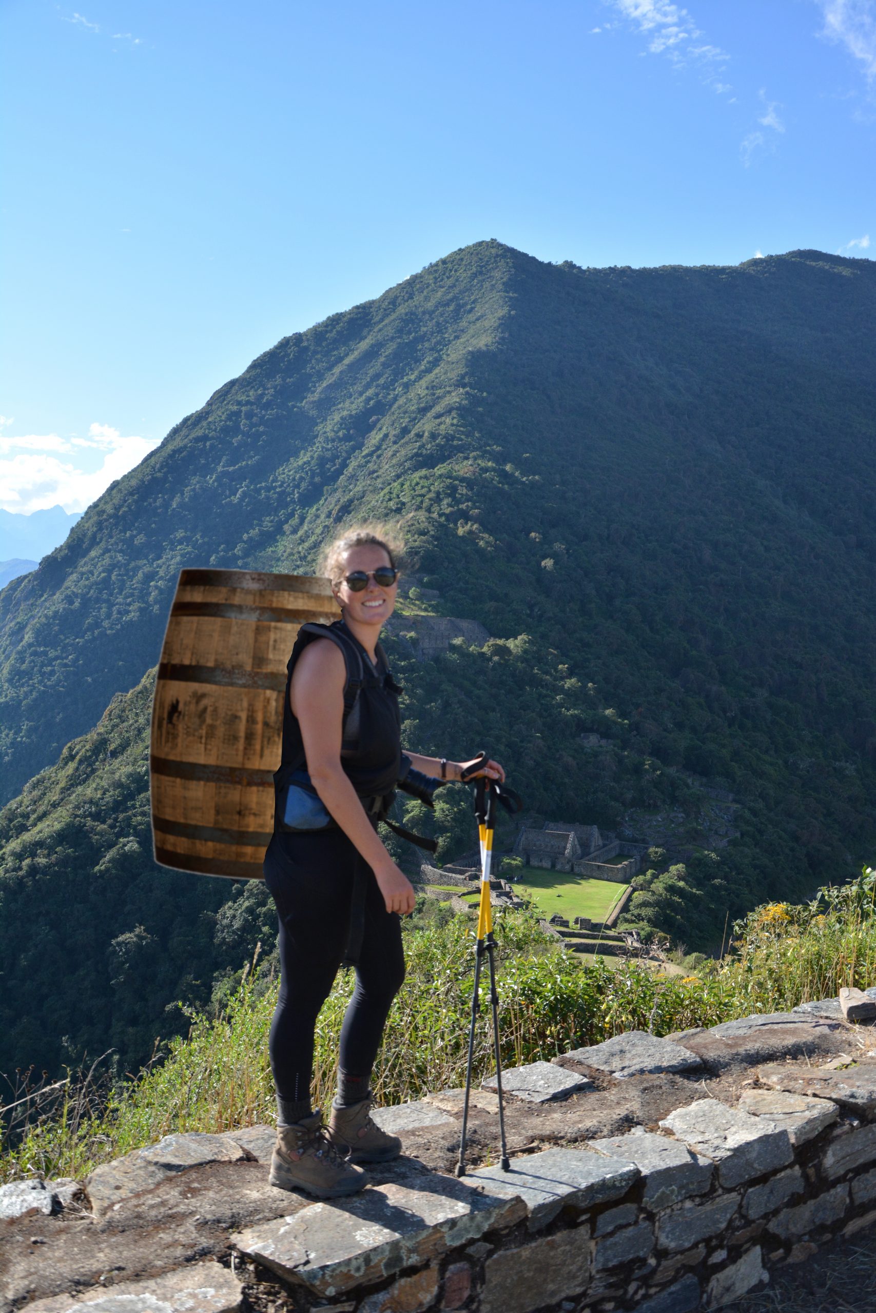 marnie hiking with barrel in peru