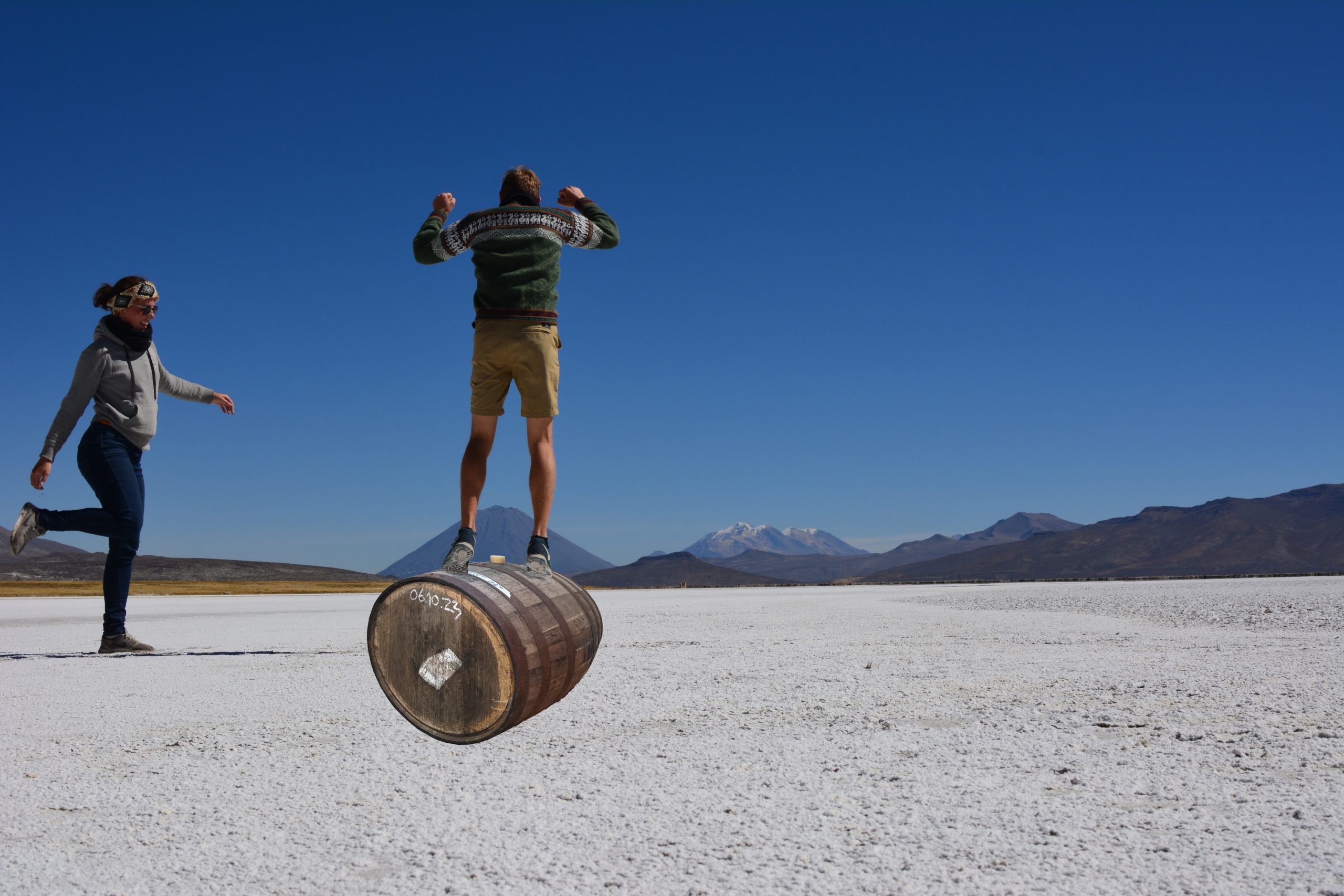 jumping on barrel over salt lake